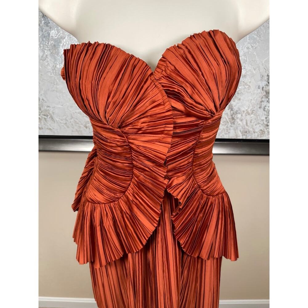 CULT GAIA Charlique Ruched Pleated Strapless Peplum Brown Mini Dress Size 2 - Picture 6 of 13